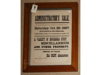 19th C. Administrator's Sale Broadside 1887 Cornish, NH