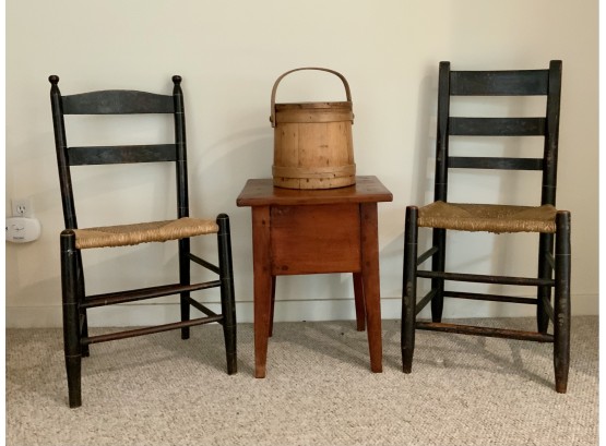 Two Country Ladder Back Chairs, Pine Stand And Sugar Bucket