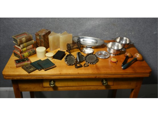 Collectibles Lot: Bookends, Silver Plate, Scoops,cookie Cutters And More