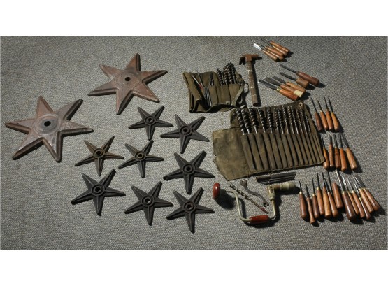 Collection Of Ten Iron Star Ornaments And Antique Tools