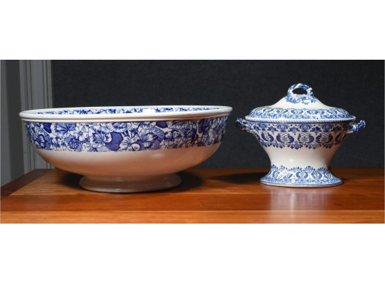 Blue And White Spode Tureen, And Doulton Punch Bowl