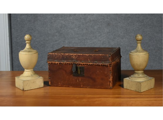 19th C. Leather Document Box And Wood Finials