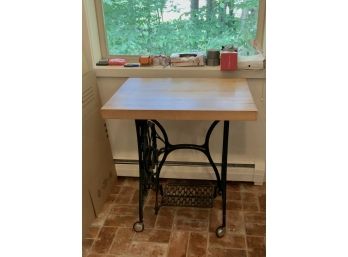 Butcher Block Table With Iron Singer Sewing Machine Base