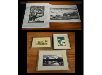 Art Lot Including Etchings By Manikin And Watercolors Etc.