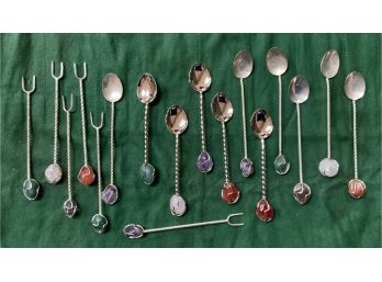 Set Of Demitasse Spoon And Forks With Rock Set Handles