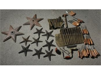 Collection Of Ten Iron Star Ornaments And Antique Tools