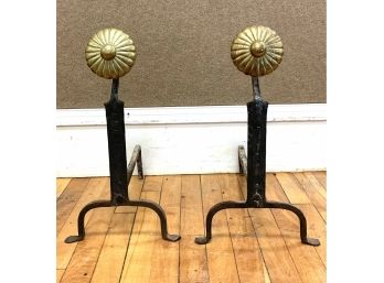 Antique Wrought Iron And Brass Sunflower Andirons