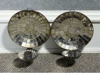 Pair Of Pewter Mirrored Back Wall Sconces