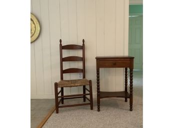 Early Ladder Back Chair And Spool Leg Stand