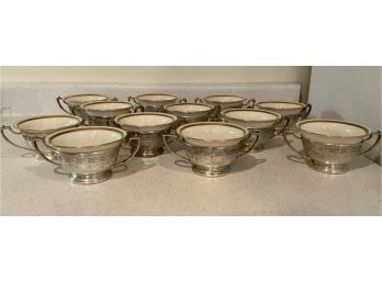 Twelve Sterling Bouillons With Lenox China Inserts