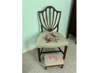 Antique Shield Back Chair, Cardinal Needlework With A Stool