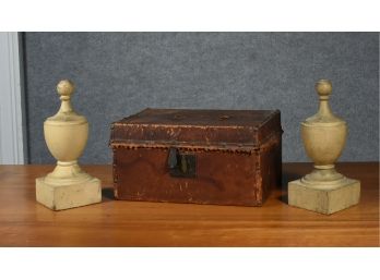19th C. Leather Document Box And Wood Finials