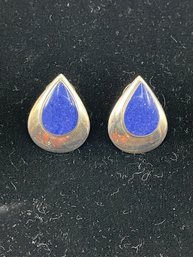 Vintage Sterling Silver, Blue Lapis Teardrop Earrings, Pierced W Backs, Signed,