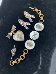 Old Vintage Military Sweetheart Jewelry, Mother Of Pearl Bracelet, Heart Locket Pin, Helicopter