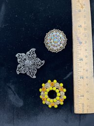 Lot Of 3 Vintage To Vintage To Newer Pins/brooches, 2 Goldtone, 1 Silvertone Marcasite, Great Condition