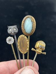 Antique To Newer Stick Pins - Blue Glass, Skull, Owl, Prong Set Rhinestone.