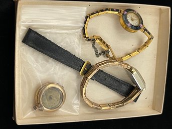 Antique Vintage Lot Of Watches And Watch Parts, Coro Fashion Watch, Bulova 15J Pendant Watch Parts, Timex
