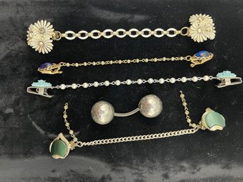 Lot Of 5 Vintage Sweater Clips Chains, Nice Variety, One Is Mid Century Modern, Thermoset, Faux Pearls, Etc