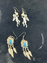Lot Of 2 Pairs Of Earrings, Angels With Faux Pearl, JJ 1988, Faux Turquoise Southwest Style Earrings