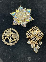 Lot Of 3 Pins/brooches, Prong Set Glass Rhinestones, AB Glass Bead Starburst, Pressed Metal Flower Wreath