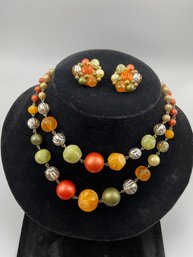 Vintage 1960's Multi Strand Bead Necklace With Matching Cluster Earrings, Fall Colors, Silver Tone