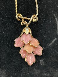 Vintage Crown Trifari Pink Glass Leaves Fruit Salad Pendant, Gold Tone, On 16 Inch Snake Chain