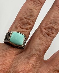 Vintage Thailand Sterling Silver 925 Faux Turquoise Filigree Ring, Chunky, A Bit Bent On Band, Size 8
