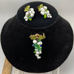 Vintage Set Foil Beads, Milkglass Beads, Grape Bunch Brooch, Earrings, Broken Necklace, No Marks