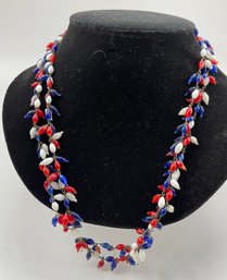 Vintage Italian Glass Beads With Wirework Chain - Red, White, Blue, 48' Long, Dangle Beads