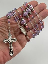 Rosary W Glass Beads, Pinks, Lavendars, Periwinkle Beads, Glass Swirl Beads, Filigree Crucifix,  Silver Tone