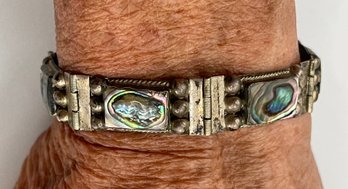 Vintage Alpaca Mexico Silver Link Bracelet, Abalone Shell Rectangle Bezel Set, Hinged, Marked Sterling 925