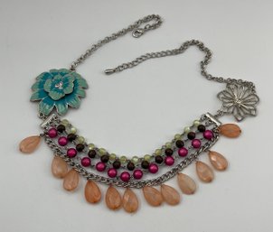 Newer Multi Chain Necklace With Enamel Flowers, Eclectic Beads And Colors, Fashion Necklace