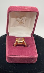 Boxed PD Gold Tone, Amber Faceted Glass Stone Ring, Size 5.5