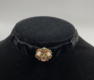Vintage Black Velvet Choker Necklace With Filigree, Glass Opal, Pendant, Great Condition.