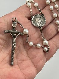 Vintage Faux Pearl Relic Rosary - Wood Crucifix Design, Relic On Centerpiece