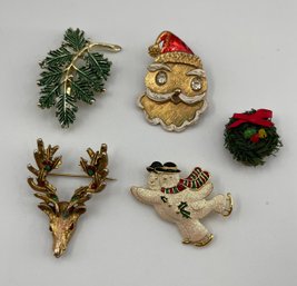 Lot Of 5 Vintage Christmas Holiday Pins/brooches, SFJ, Santa, Wreath, Snowman