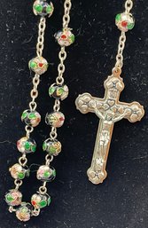 Beautiful Glass Bead Rosary, Cloisonne Enamel Metal Beads, Silver Tone Crucifix, Centerpiece