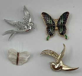 Lot Of 4 Vintage Pins, 2 Swallow Bird Pins, 2 Butterfly Pins, Sarah Cov, Enamel, Rhinestones, MOP