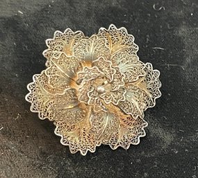 Antique Sterling Silver Filigree Flower Pin Brooch - It's An Oldie, And Very Pretty!  Asianor Middle EastMark?