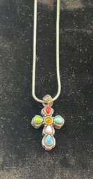 Vintage Sterling Silver 925 Small Cross Pendant With 16 Inch Snake Chain, Turquoise, Coral,