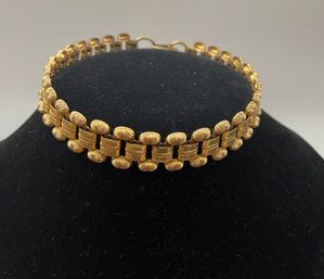 Vintage Monet Brass With Gold Wash Choker Link Necklace, Stamped Pattern, Tarnished, Uncleaned