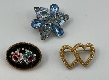 Lot Of 3 Vintage Pins/brooches, Italy Micromosaic, Periwinkle Glass Rhinestone, Two Hearts W Faux Pearls
