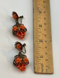 Vintage Coral Bead, Goldtone Filigree Screwback Earrings, Drop Flower Cluster Earrings, Unique