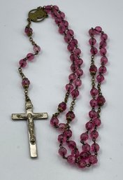 Vintage Rosary, Silver Tone, Pink Glass Faceted Beads, Shows Some Wear