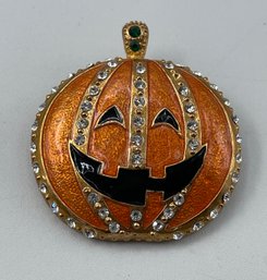 Newer Enamel Pumpkin Jack-o-lantern Pin/brooch.  1 Rhinestone Missing.  Otherwise, Very Cute. Halloween