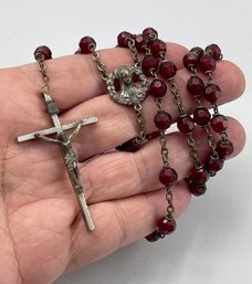 Vintage Rosary,  Ruby Red Faceted Plastic Beads, Silver Tone Crucifix, Center,