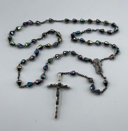 Vintage Rosary With Carnival Glass Beads, Silvertone Crucifix, Centerpiece, Sparkly And Nice Crucifix