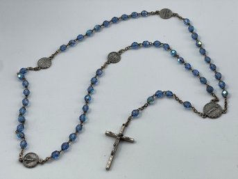 Vintage Rosary, Blue Glass Beds, Silver Tone Crucifix, Center And Some Medals With Words  Along The Rosary