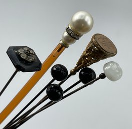 Antique/vintage Hat/stick Pins, All In Great Shape, Long Pins, Pressed Milkglass, Black Glass, Gold Filled