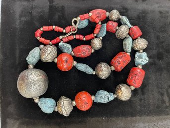 Vintage India Statement Chunky Necklace, Sponge Coral, Turquoise, Silver Tone Beads, Long, Colorful